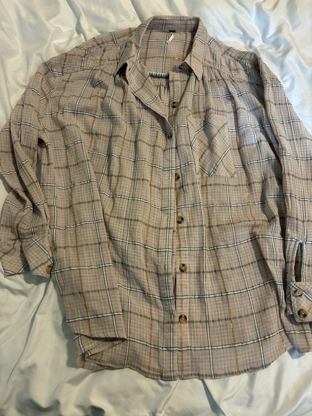 Free People Light Pink w Blue & Gold Shimmer Plaid Collared Button Front Top Med